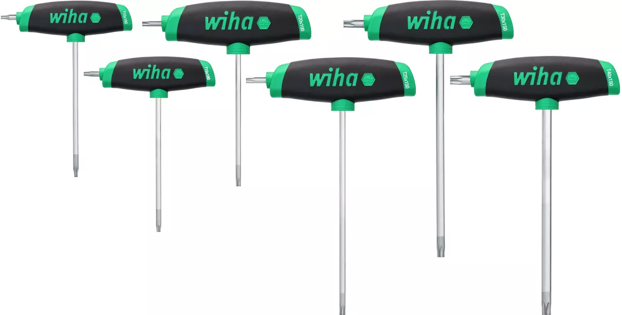 Set of five T-handle screwdrivers with black and green grips