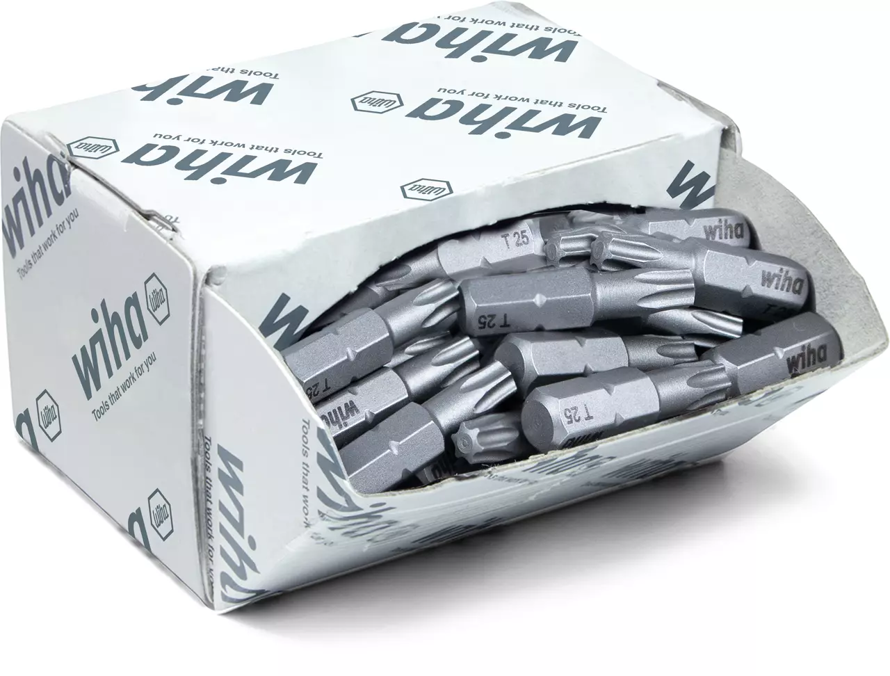 Open box of metallic screwdriver bits labeled "Wiha".