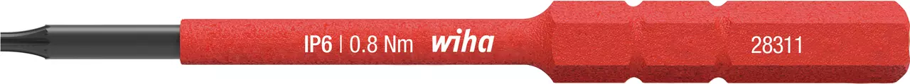 Red screwdriver bit with hexagonal grip, marked IP6 0.8 Nm, Wiha brand.