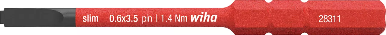 Red slim screwdriver bit with flat tip, labeled with size and brand text