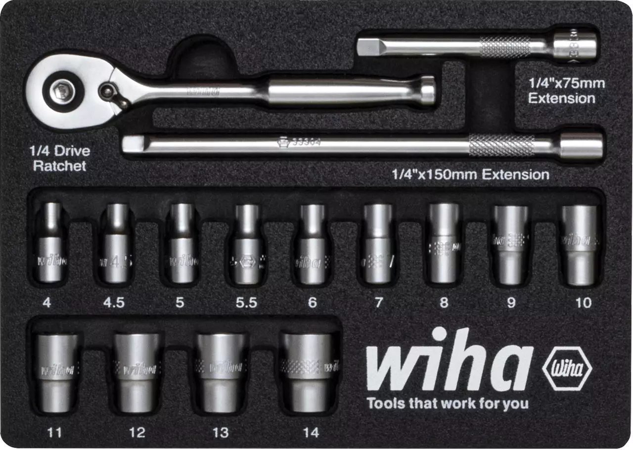 Ratchet set with sockets in foam inlay