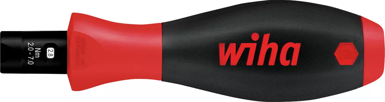 Torque screwdriver with red and black handle, showing "wiha" logo and torque range markings.