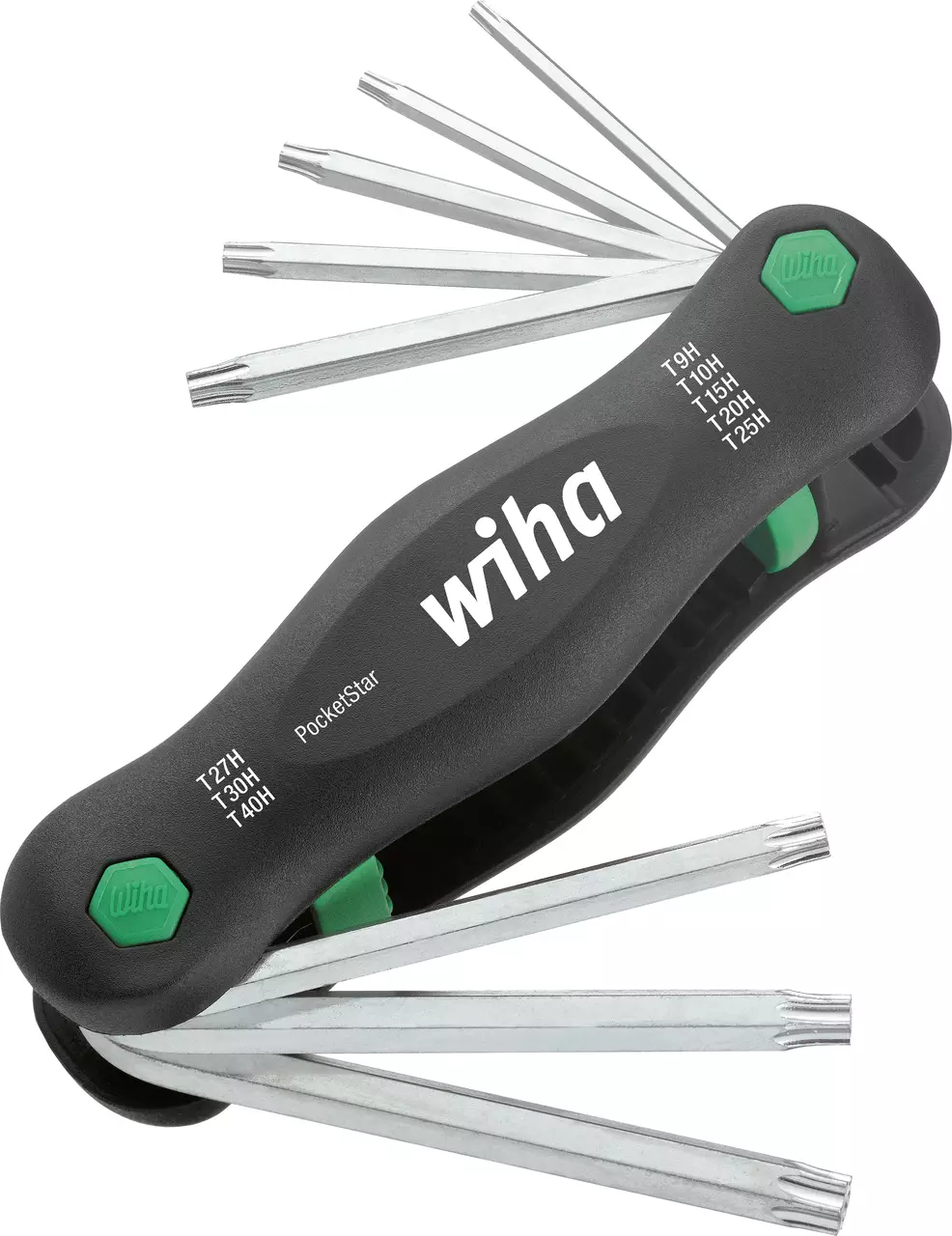 Folding hex key set with multiple metal keys extended