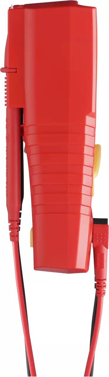 Red digital multimeter with cables attached, side view.