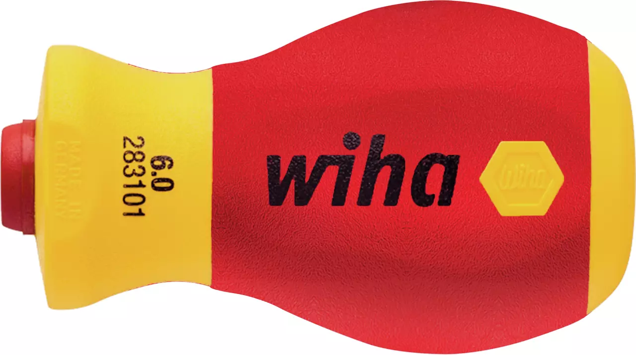Red and yellow screwdriver handle with black text