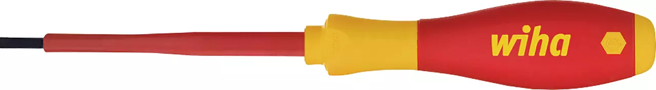 Roter und gelber elektrischer Schraubendreher mit flacher Klinge.