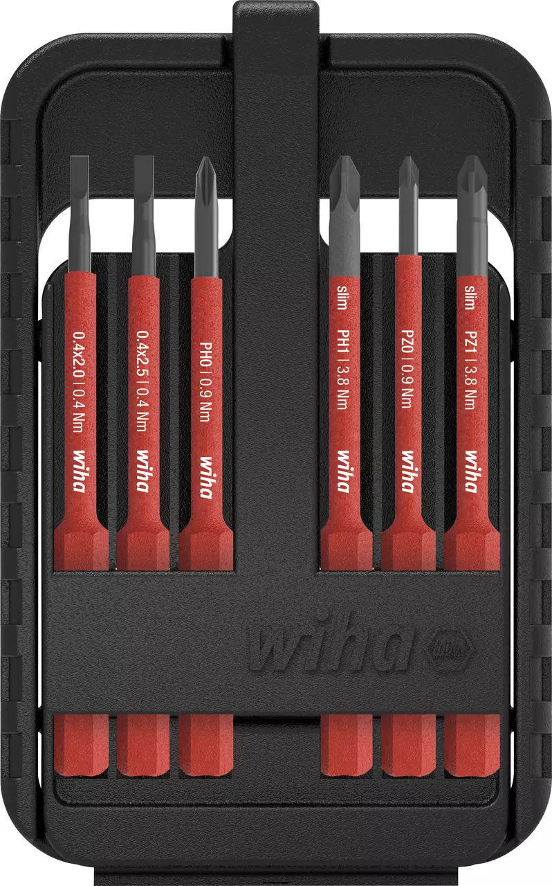 Set of six red screwdriver bits in a black case