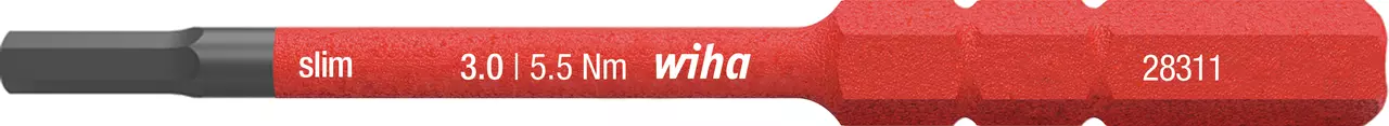 Red hex screwdriver bit labeled "slim 3.0 | 5.5 Nm wiha 28311".