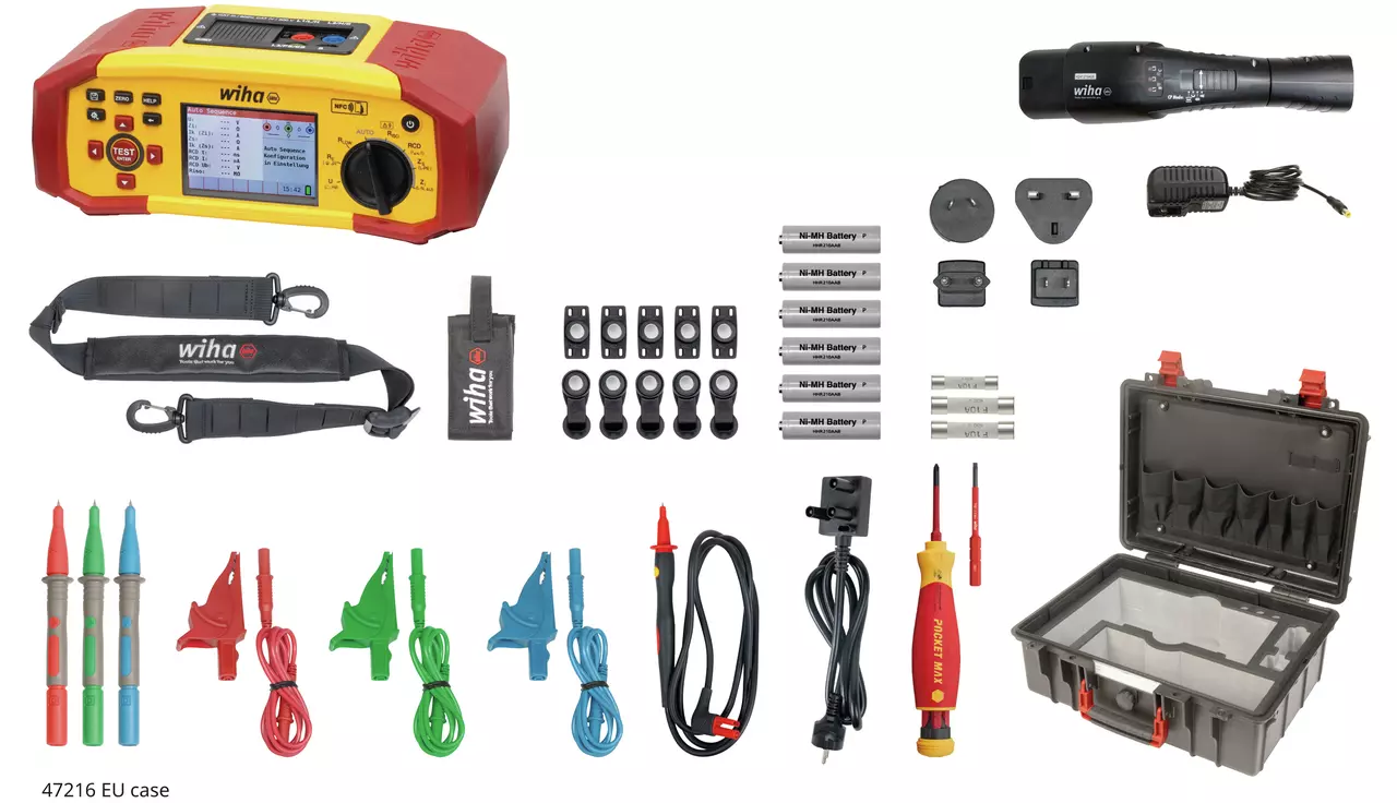 Electrical testing kit with multimeter, probes, cables, batteries, adapters, screwdriver, and case.