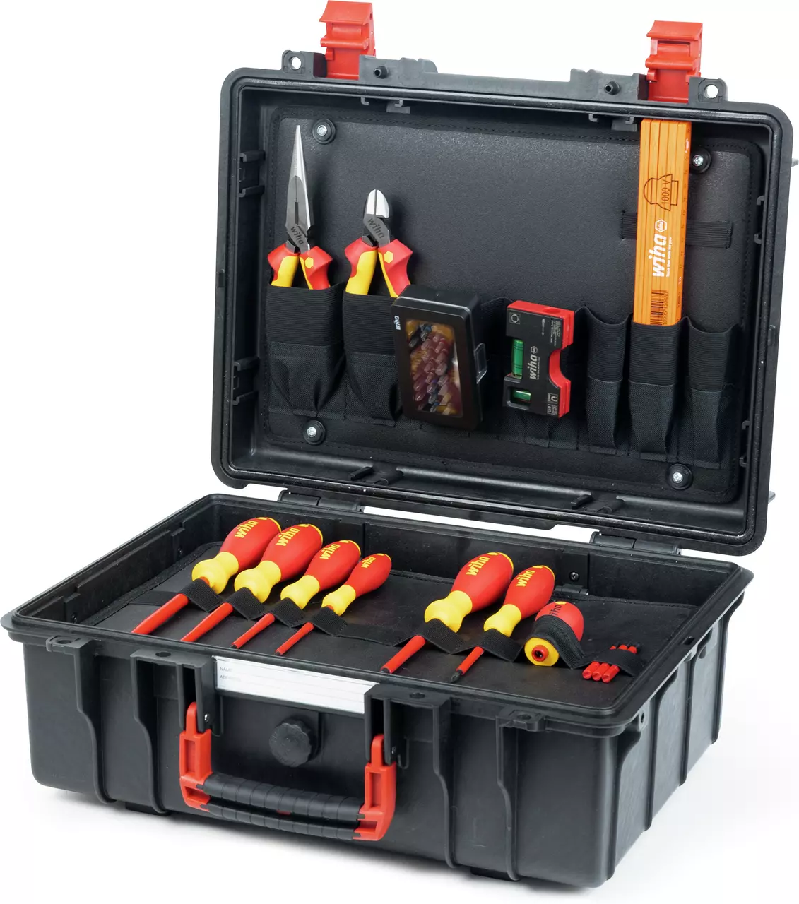 Black tool case with assorted red and yellow electric screwdrivers and pliers inside.