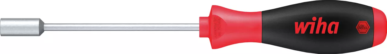 Hex nut driver with black and red handle, silver shaft