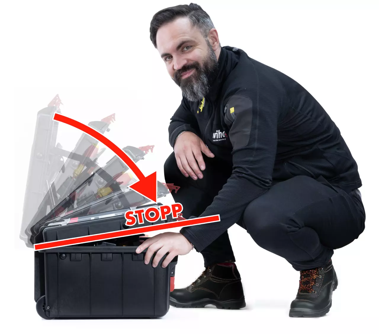 A person crouching next to a black trolley case with a lid brake mechanism, arrow labeled "STOPP" indicating motion.