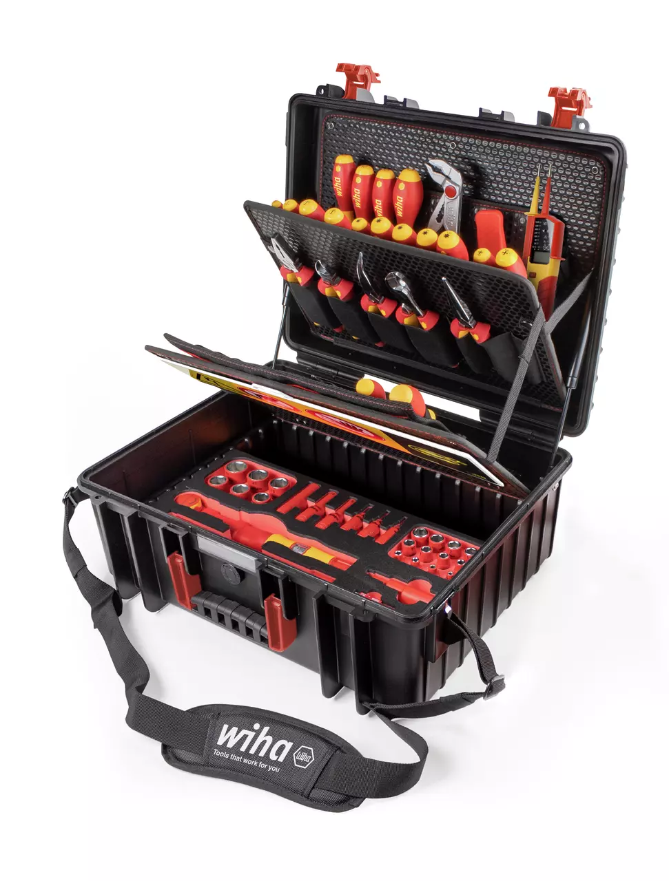 Tool case with assorted screwdrivers, pliers, sockets, and strap