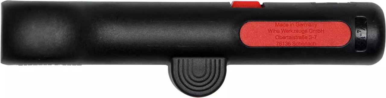 Black and red round cable stripper with a textured grip