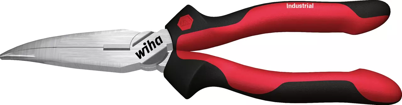 Flat round pliers with bent jaws and red-black handles.