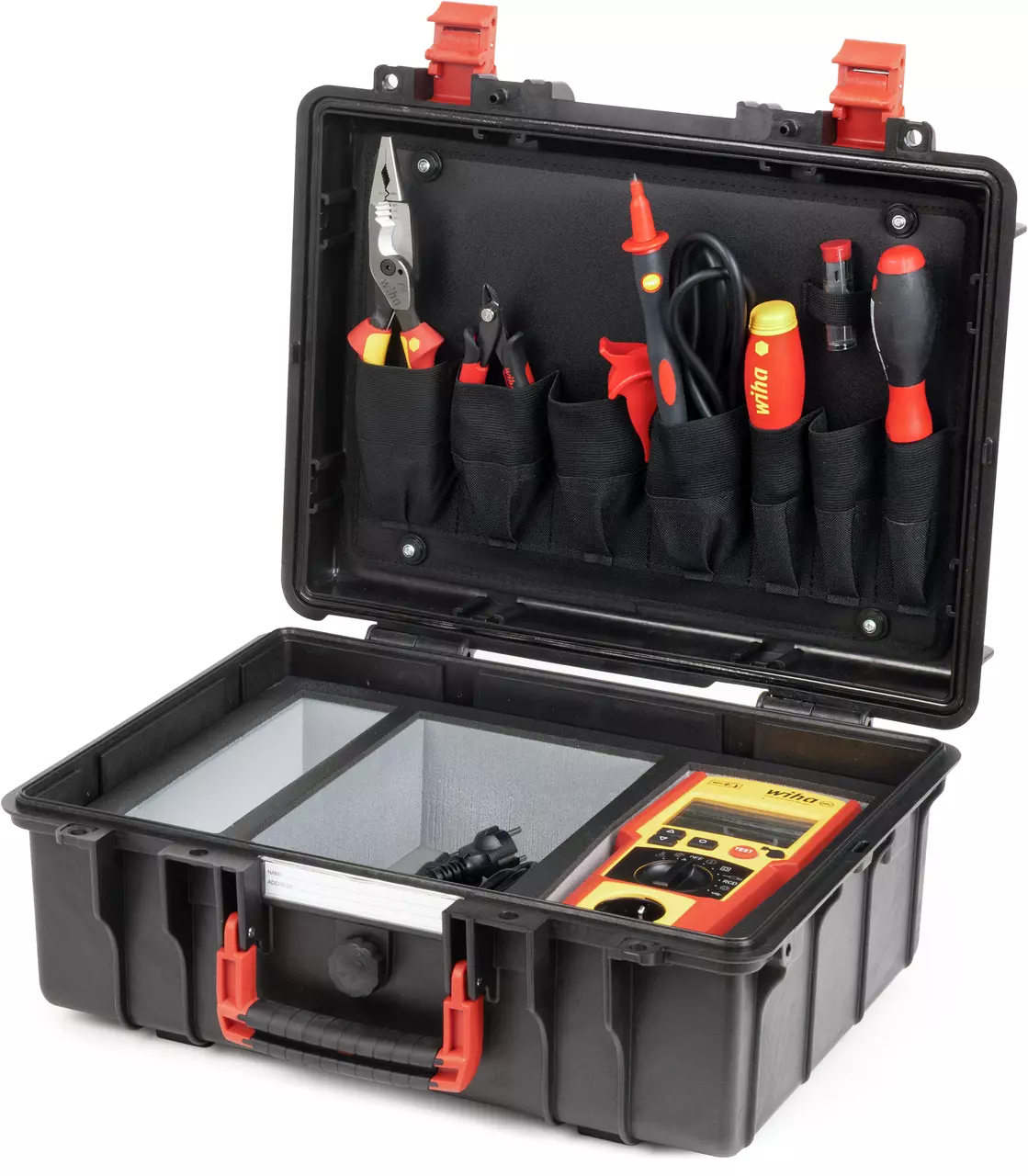 Open tool case with pliers, screwdrivers, and electronic device inside