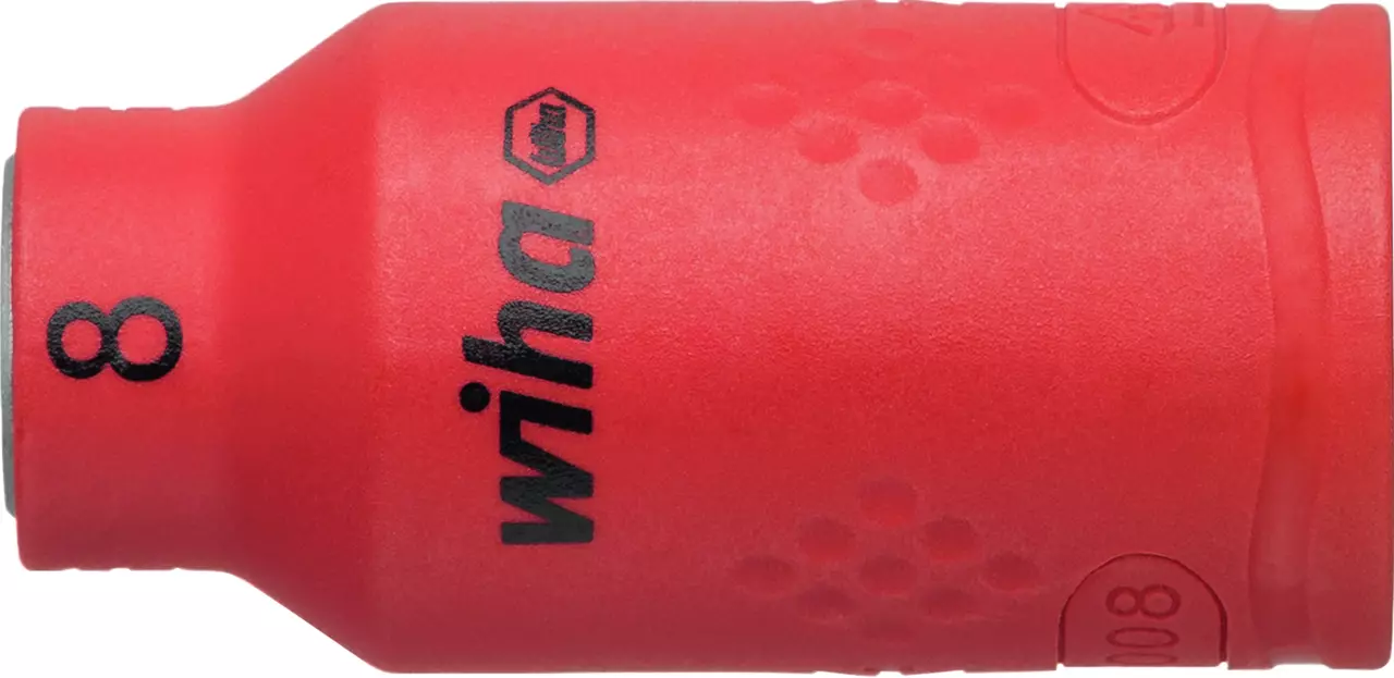 Red insulated socket wrench adapter with black text "wiha" and number "8".