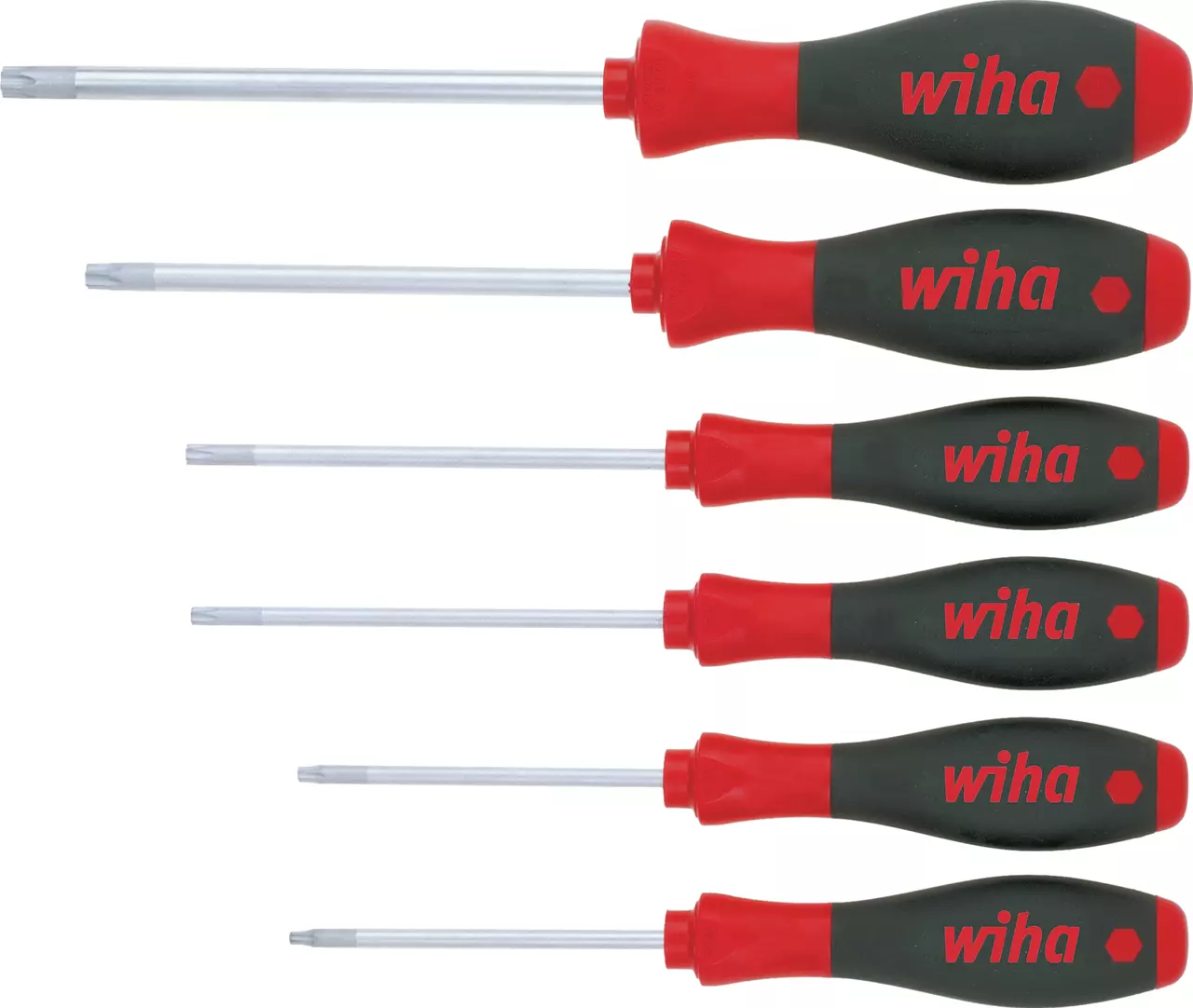 Set of six screwdrivers with black and red handles, arranged in a row
