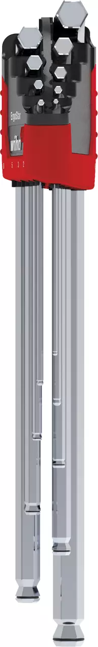 Set of hex keys in a red holder, various sizes visible.