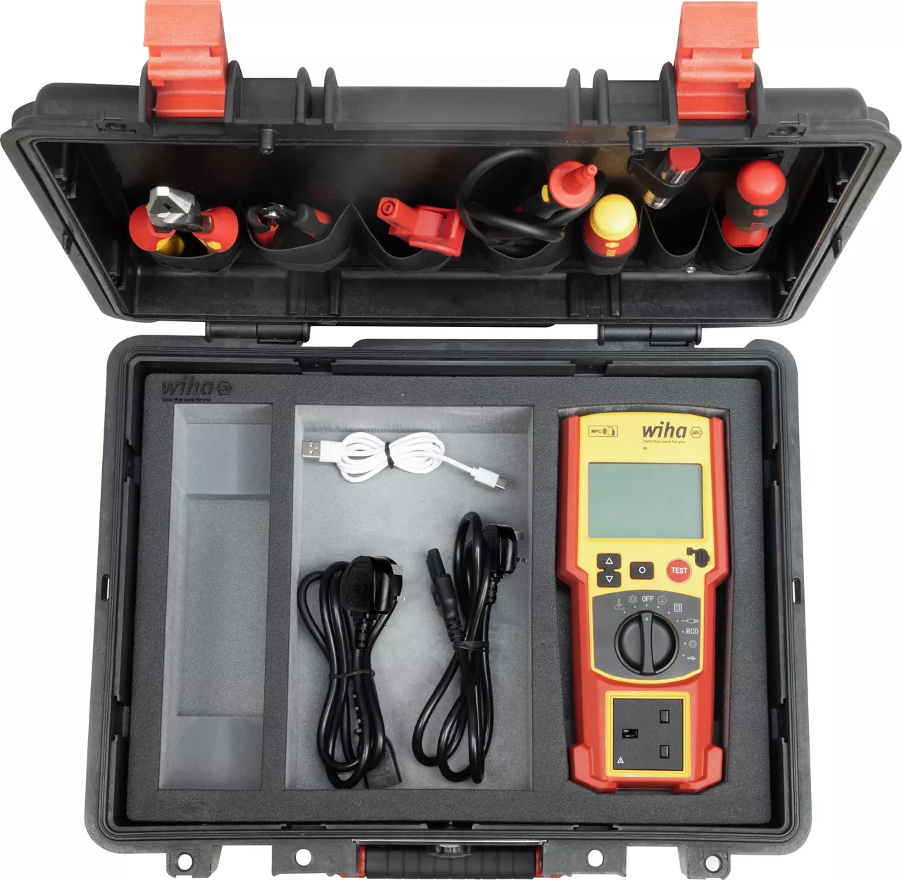 Black case with tools, including a digital multimeter, cables, and screwdrivers.