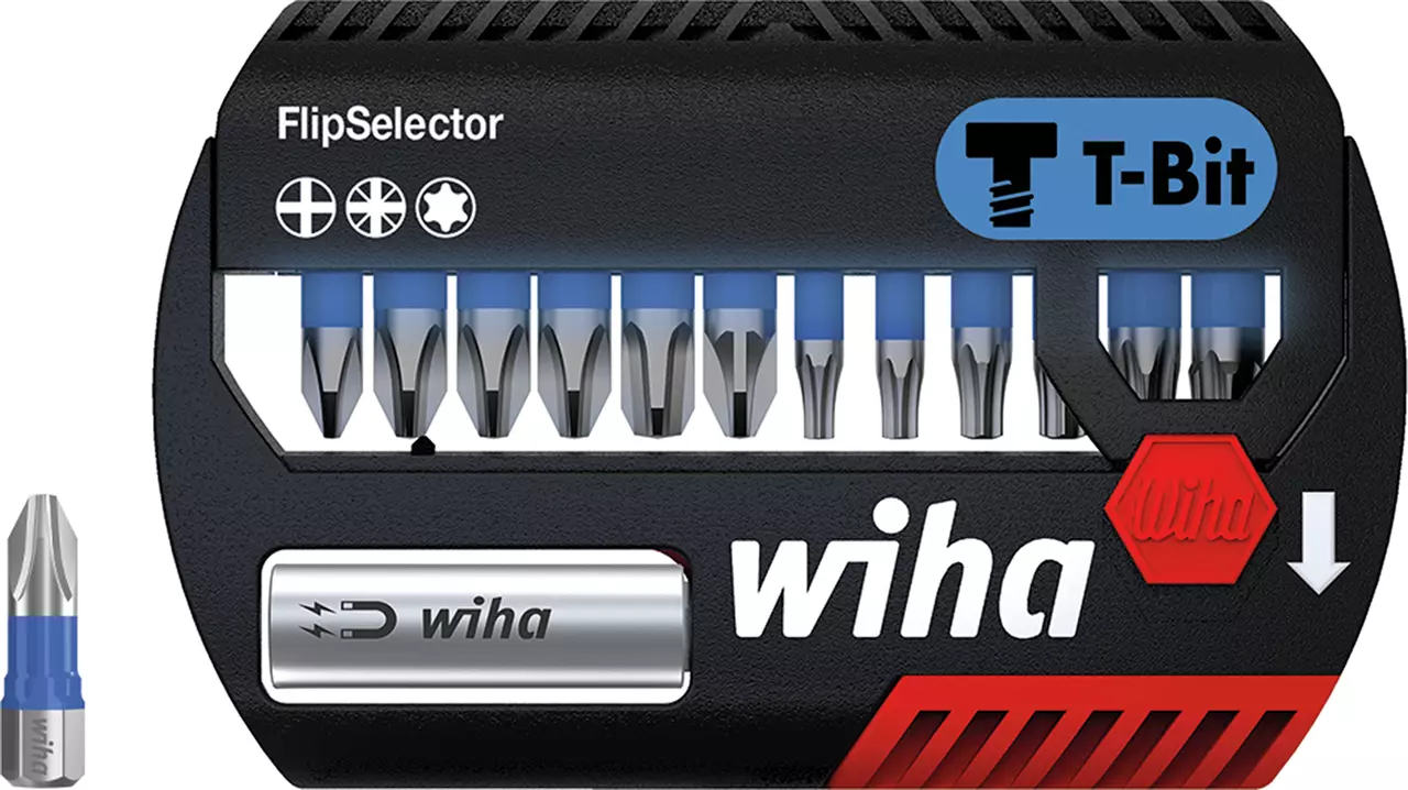 Black FlipSelector with various screwdriver bits in blue and silver
