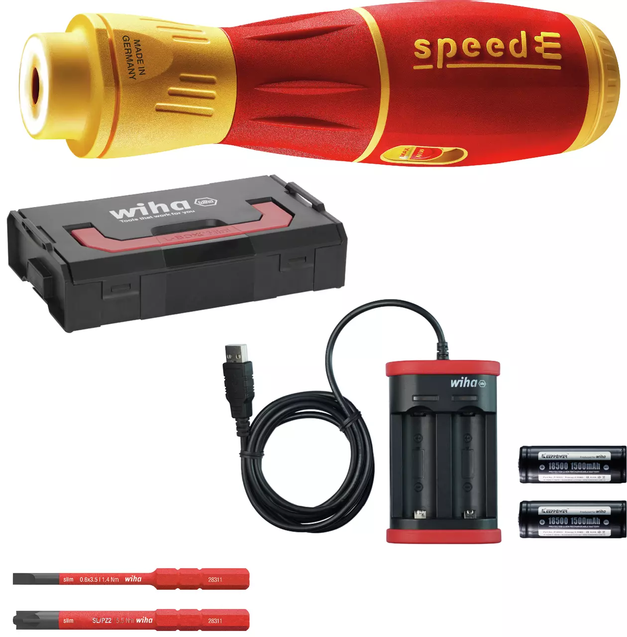 Set with red and yellow electric screwdriver, black case, charger, two batteries, and screwdriver bits.