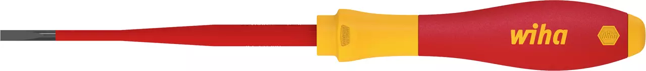 Red and yellow insulated screwdriver with flat blade