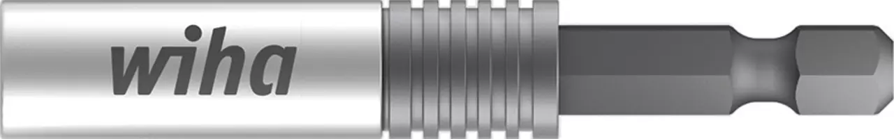 Silver and gray bit holder with brand logo on the side.