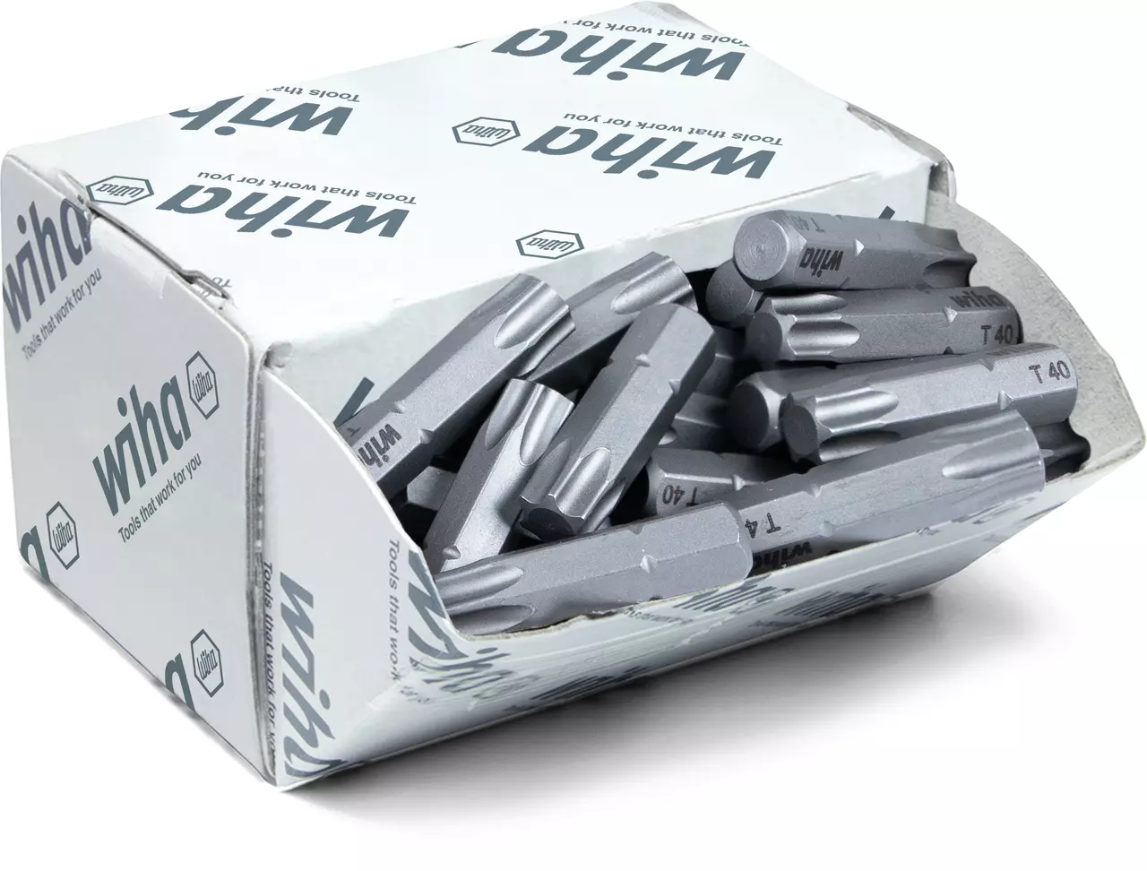 Cardboard box with multiple gray screwdriver bits labeled T40.