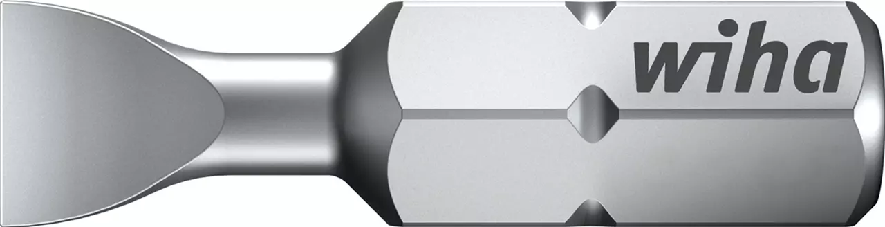Silver slotted screwdriver bit, 25mm, with brand logo on side.