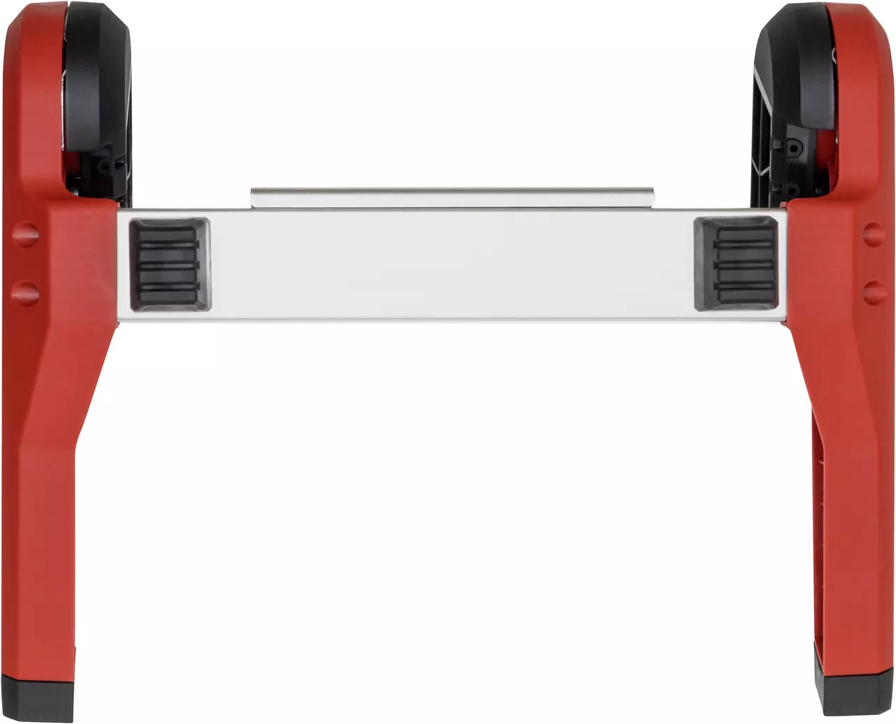 Red and black case stand with wheels on both sides.