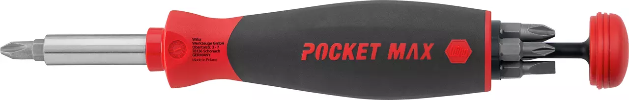 Black and red screwdriver with interchangeable bit holder visible