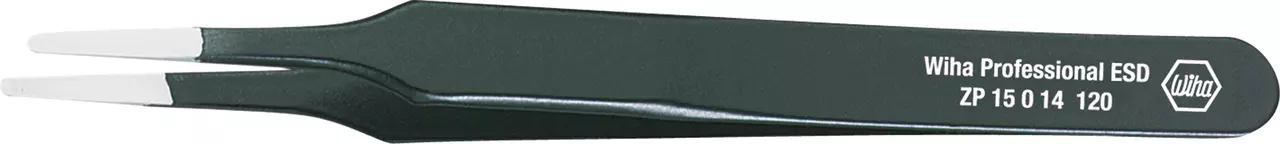 Black precision tweezers with flat tips and white markings on the handle.