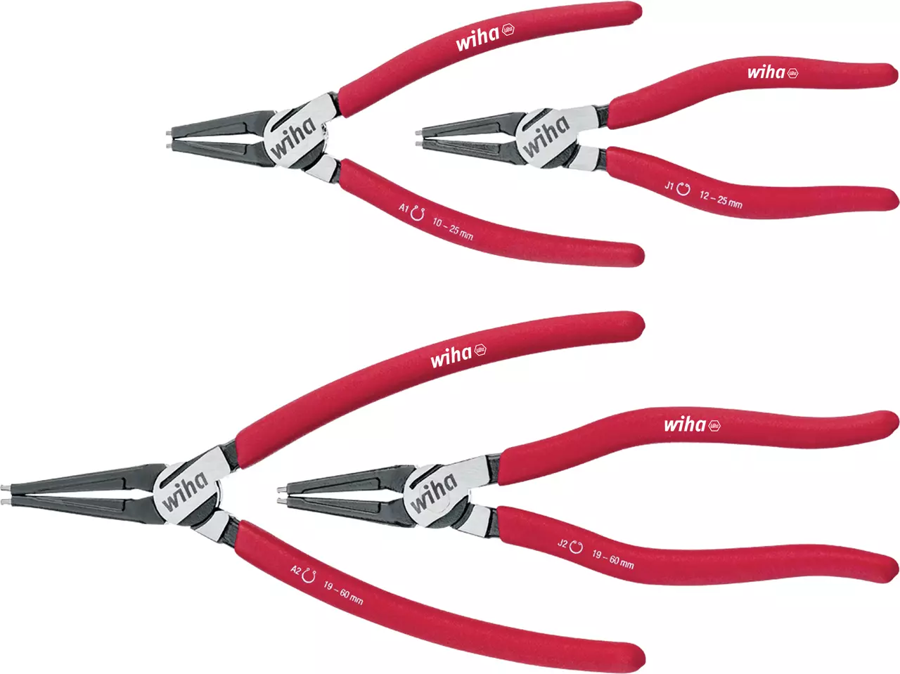 Red-handled snap ring pliers, various sizes, with black tips and metal joints.