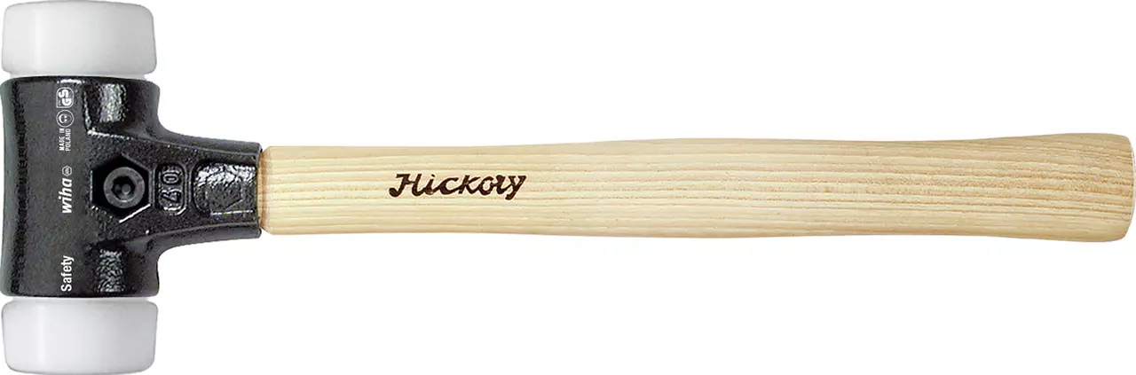 Rubber mallet with wooden handle and white rubber ends.