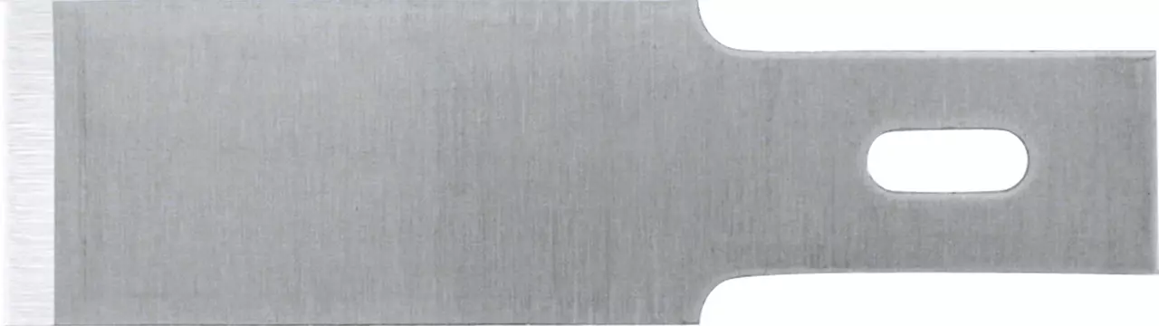 Replacement blade made of metal with a rectangular shape and a hole for attachment.