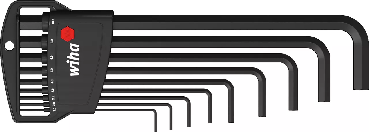 Set of black L-shaped hex keys in a holder