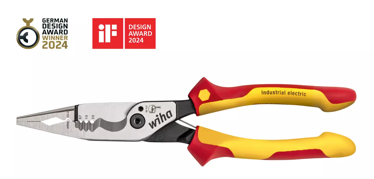 Multifunctionele tang met rood-gele handvatten, bekroond voor design.