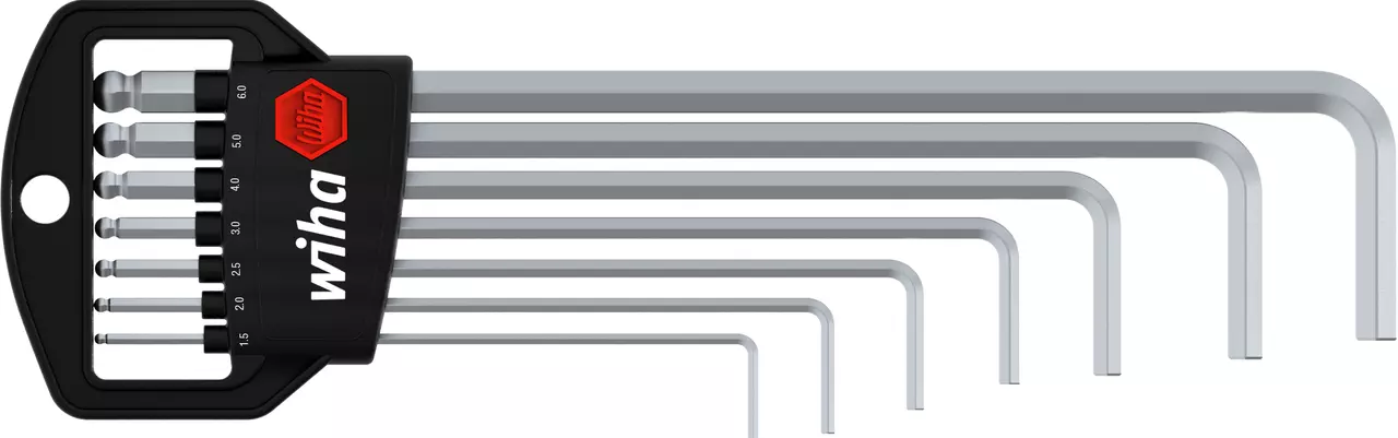 Set of hex keys in a black holder, arranged by size.