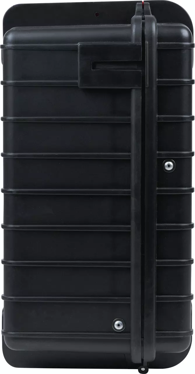 Black plastic case with ribbed design and a latch on the side.