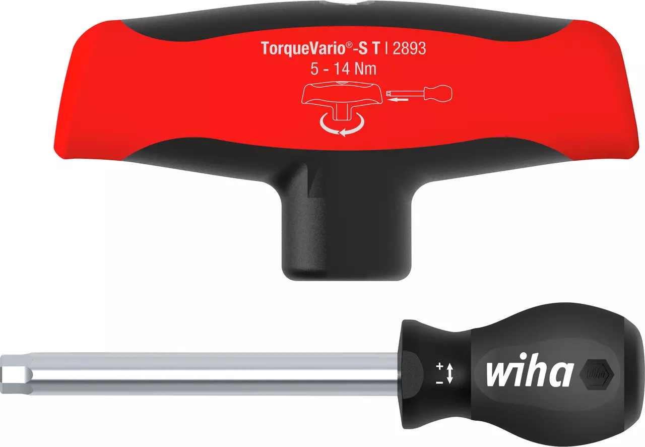 Red and black torque screwdriver with T-handle, displaying torque range of 5-14 Nm.