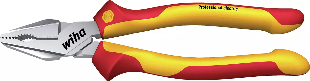 Red and yellow insulated combination pliers with serrated jaws.