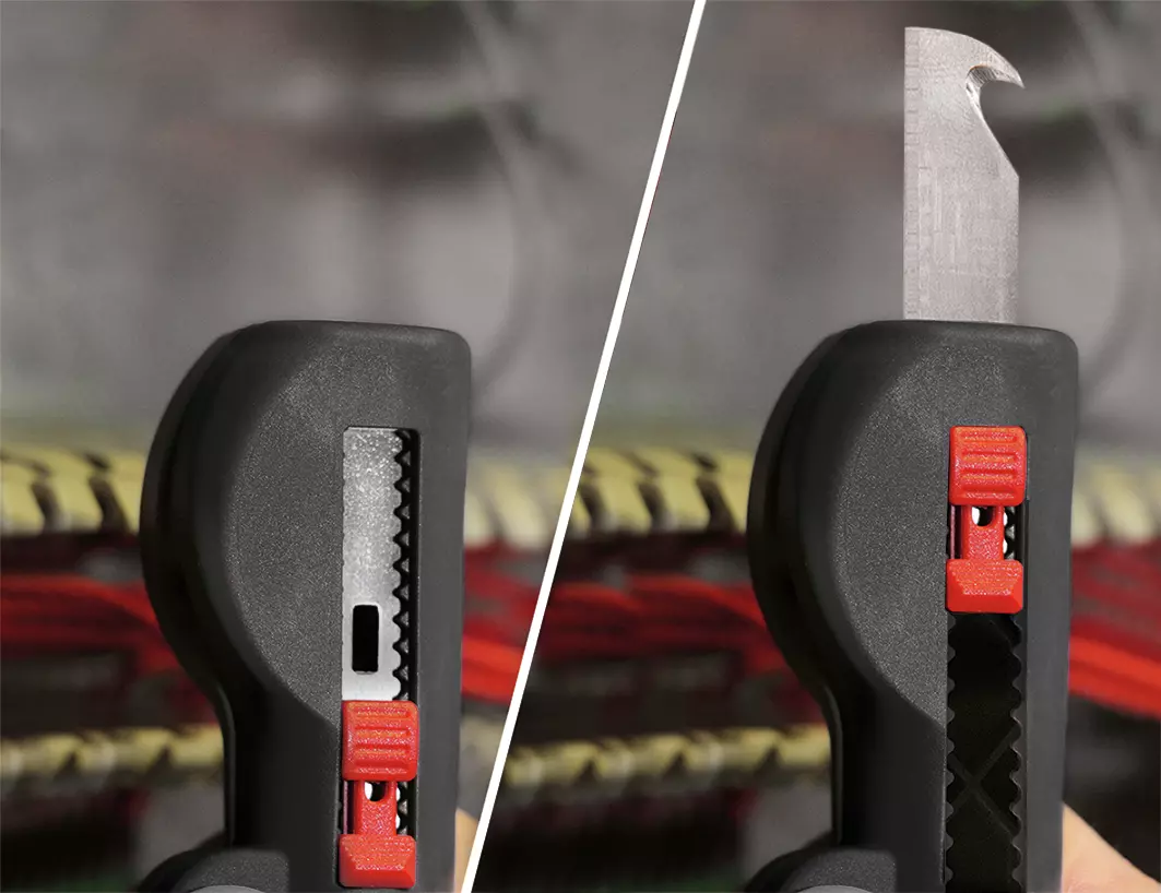 Multifunctional stripping tool with retractable blade and red slider