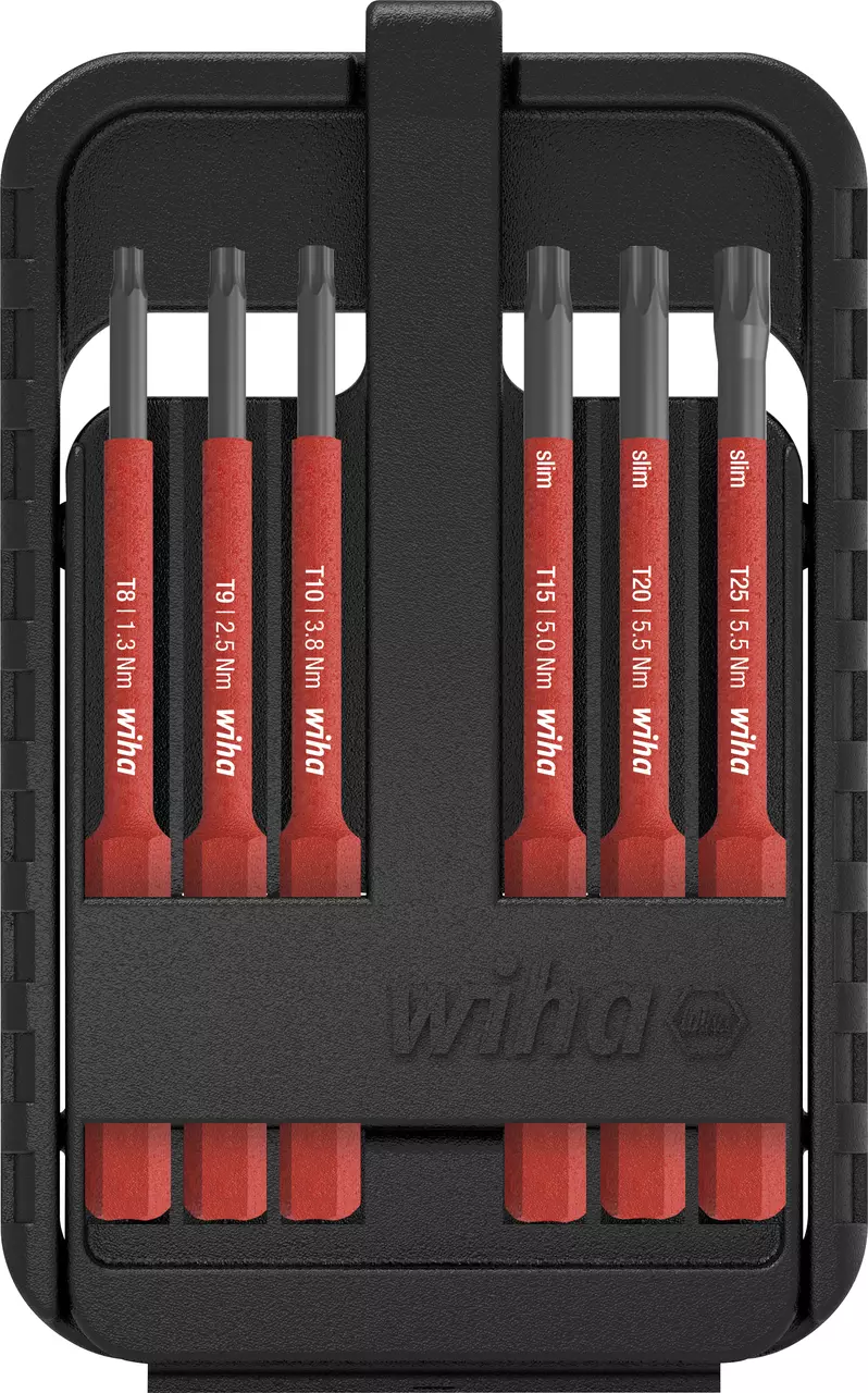 A set of red and black screwdriver bits in a black holder.