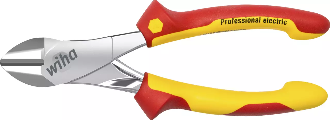 Red and yellow insulated diagonal cutting pliers with metallic jaws