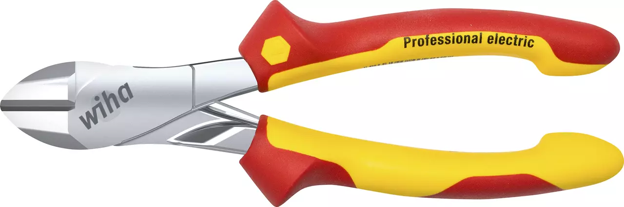 Red and yellow insulated side cutter with "Professional electric" label on the handle.