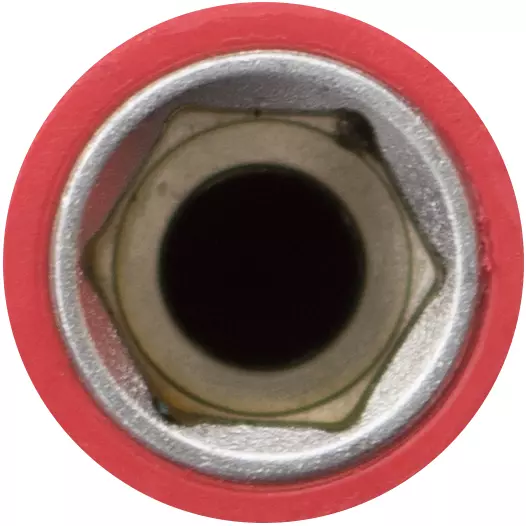 Insulated socket wrench insert with red casing, hexagonal opening, metal interior.