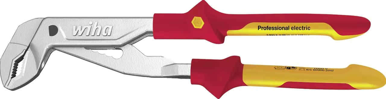 Red and yellow water pump pliers with insulated handles.