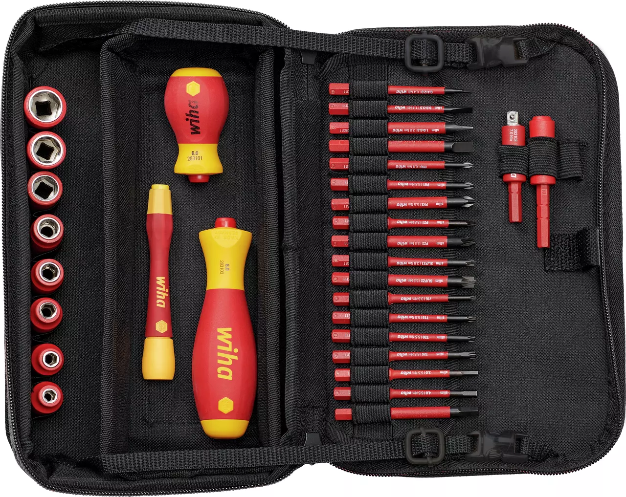 Tool set with red and yellow screwdrivers, bits, and sockets in a black zippered case.