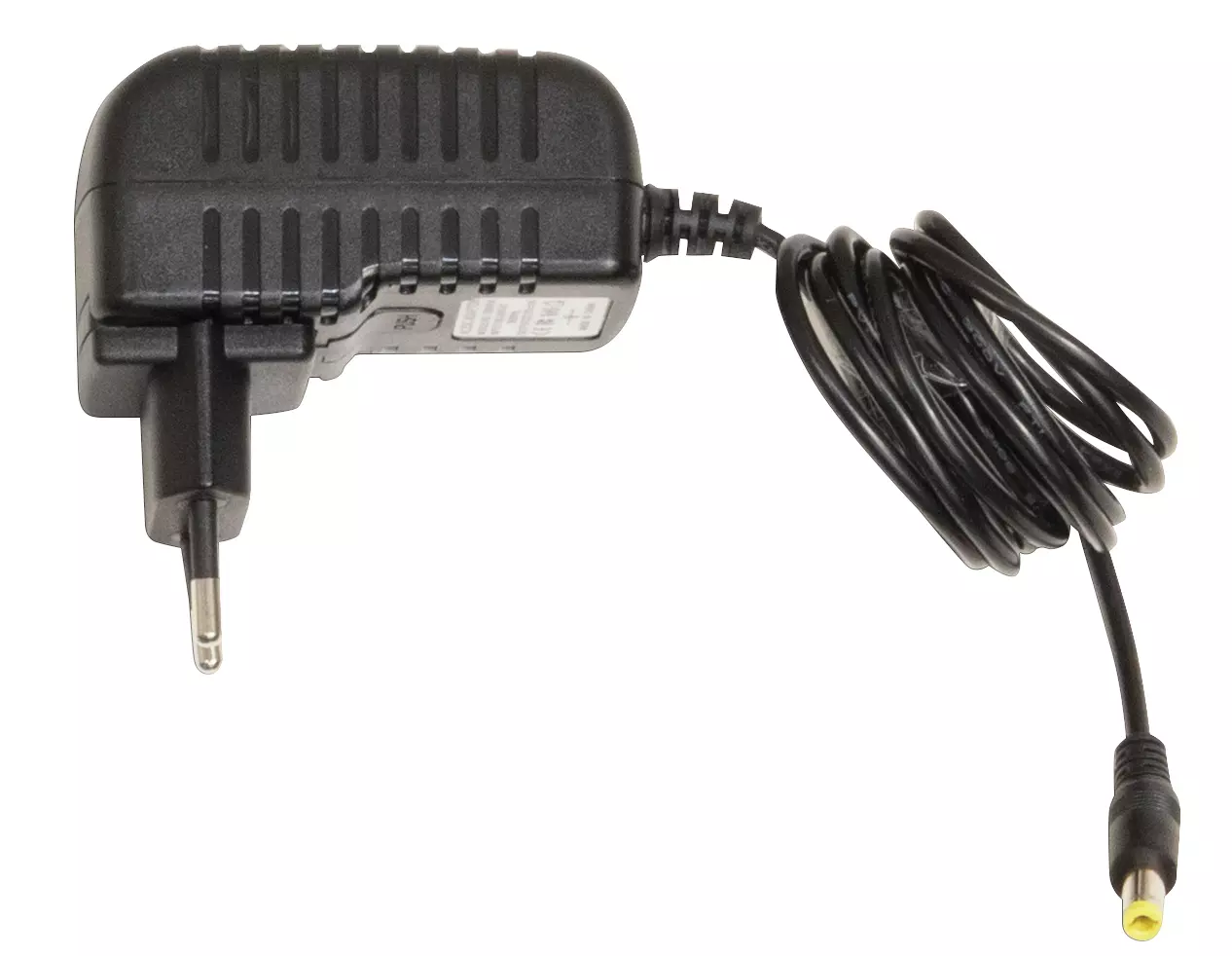 Black power adapter with EU plug and coiled cable.